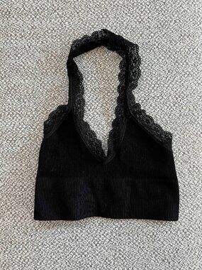 Out From Under UO XS/S Black Ribbed Lace Trim Halter Bralette